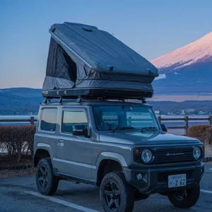 Mito Koto Space rooftop tent in front of Mount Fugi