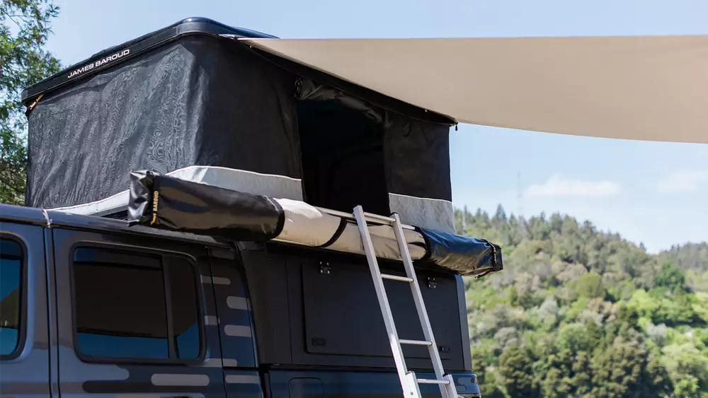 James Baroud Frontier Awning covering the tent door and ladder