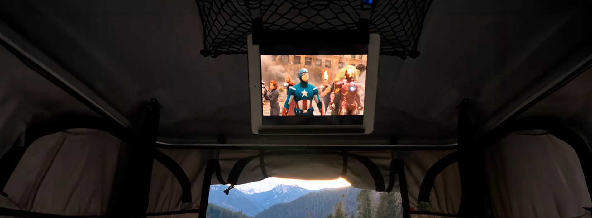 View inside a Rooftop Tent with Tablet Support