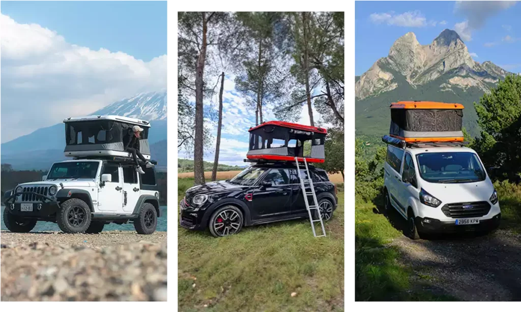 Three Distinct Car Models with Colorful Rooftop Tents Displayed Outdoors