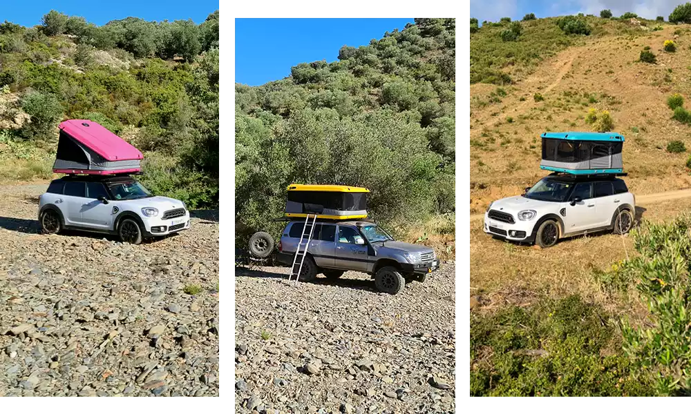 Camper Fontanilles showcasing a variety of models and colors of James Baroud rooftop tents