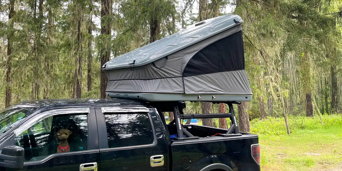 James Baroud Space XL rooftop tent installed on Deran Garabedian's car bed rack