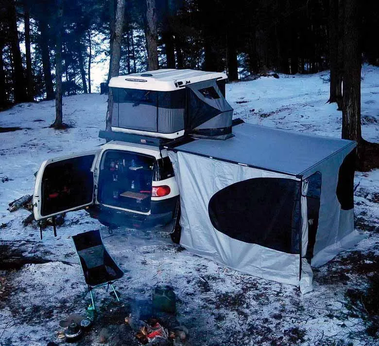 annex room with rooftop tent for winter camping