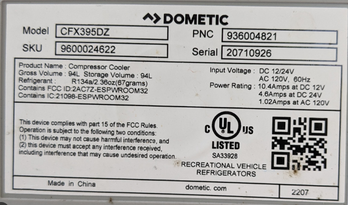 Find the label on each device that looks like this Dometic Electric Cooler label showing power ratings.